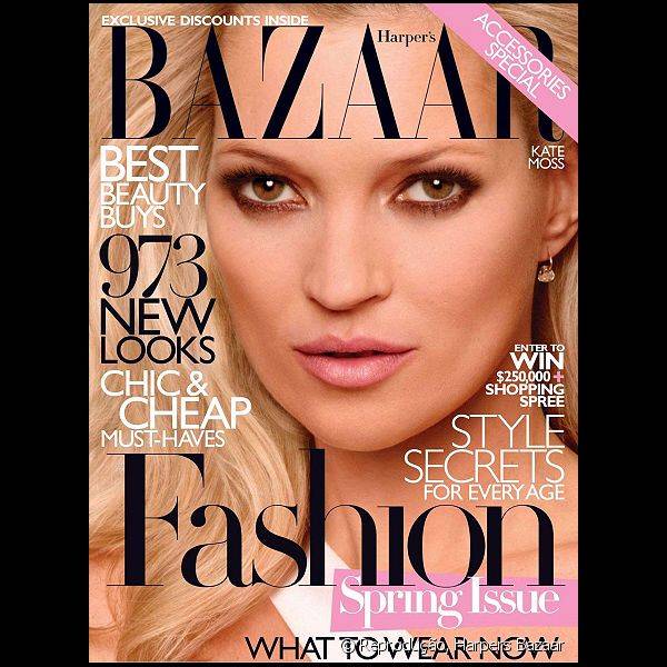 Na capa da Harper's Bazaar, em 2010, uma Kate mais adulta repete a mesma make com olhos delineados e tons de rosa nas bochechas e lábios